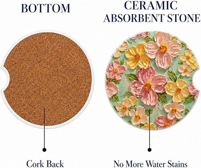 2Pack Car Cup Holder Coasters Absorbent Ceramic Coaster 2.56" for Women & Men Auto Flower Cute Car Accessories
