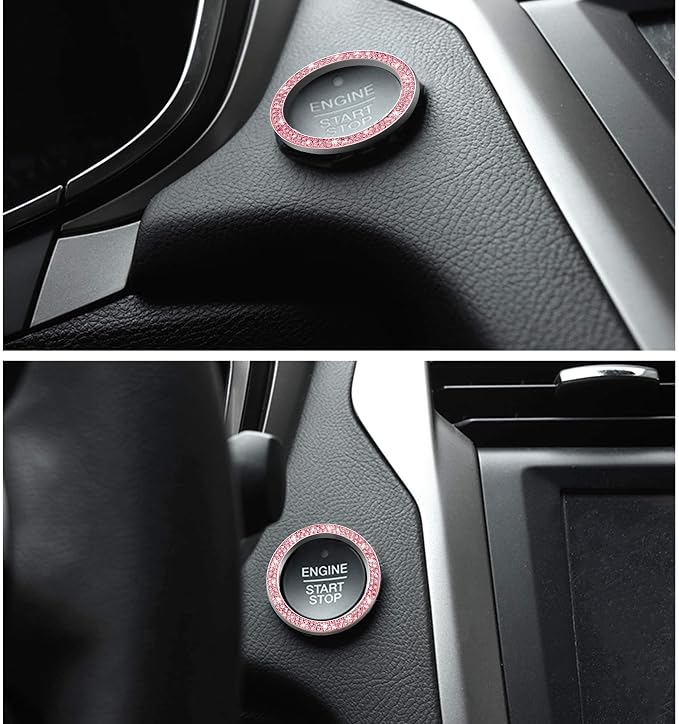 WINKA 2pcs Bling Car Engine Start Button Cover Diamond Crystal Push Start Stop Button Ring Sparkly Bling Ignition Button Cover Rhinestone Keyless Ignition Ring Universal Car Accessories (Pink)
