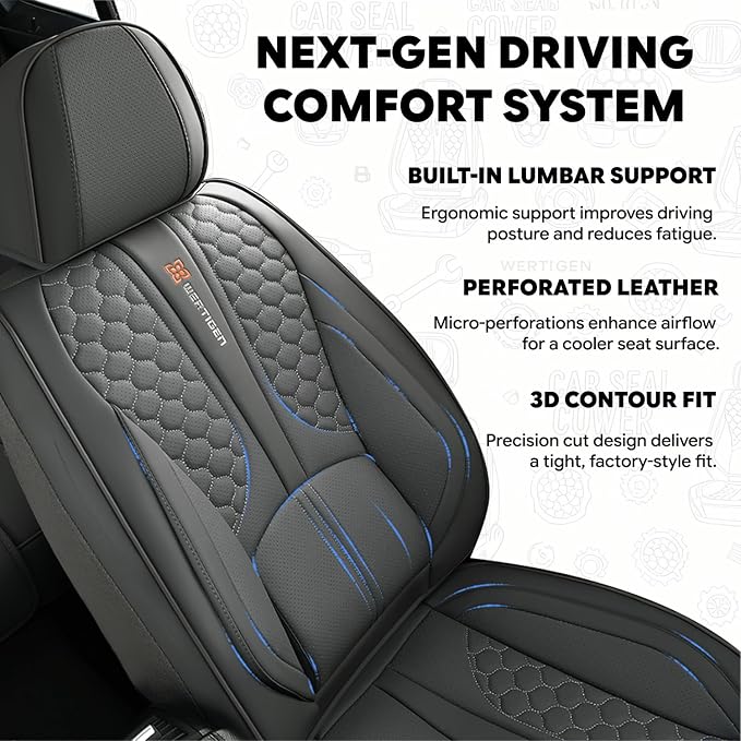 Full Set of Dark Gray Genuine Leather Seat Covers, Universal Fit | Four-Layer Anti-Slip Design with Lumbar Support