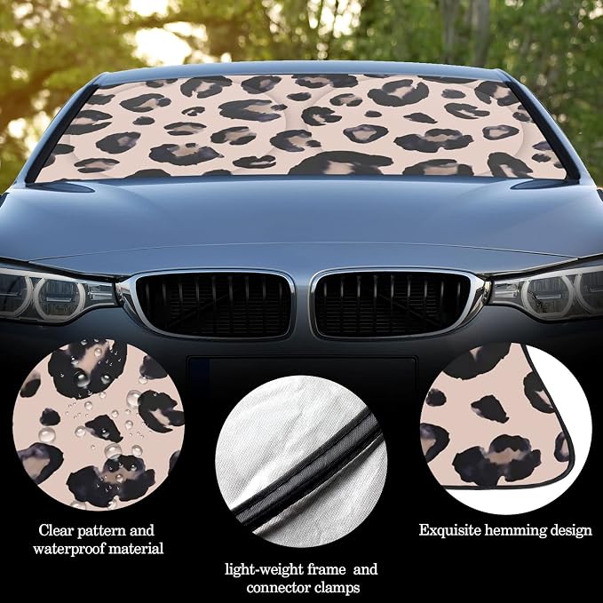 Windshield Sun Shade Foldable Car Front Window Covers for Car Accessories Sun Heat UV Rays Visor Protector Protection for Universal Cars SUV Truck(Leopard)
