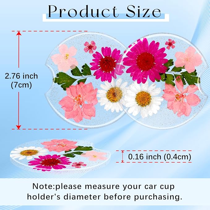 Swooflia Flower Car Cup Holder Coasters for Women - 2.75 Inch Cute Resin Clear Automotive Drink Cupholder Insert Car Accessories 2 Pack Pink