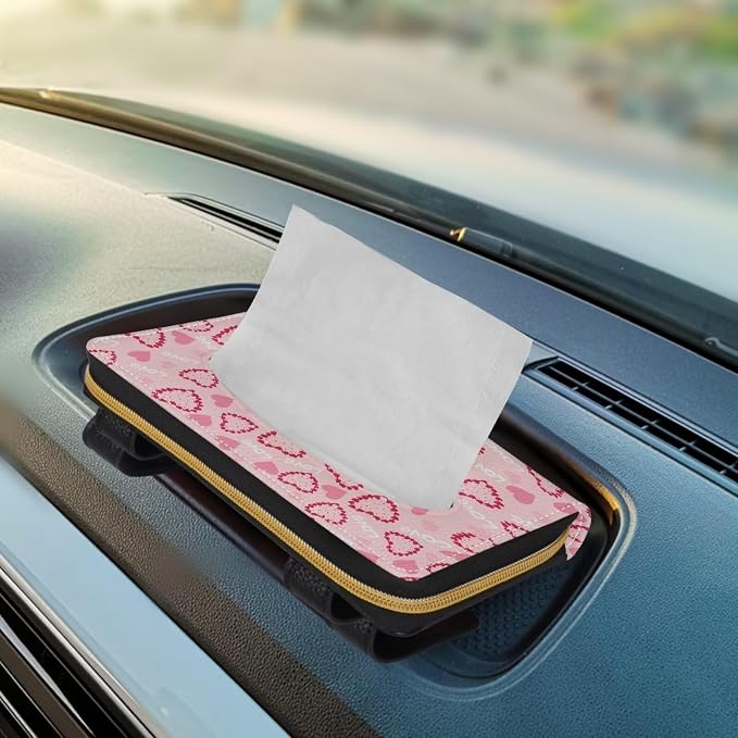 Pink Hearts Car Visor Tissue Box Holder Car Interior Accessories Sun Visor Accessories PU Leather Napkin Holder for Backseat