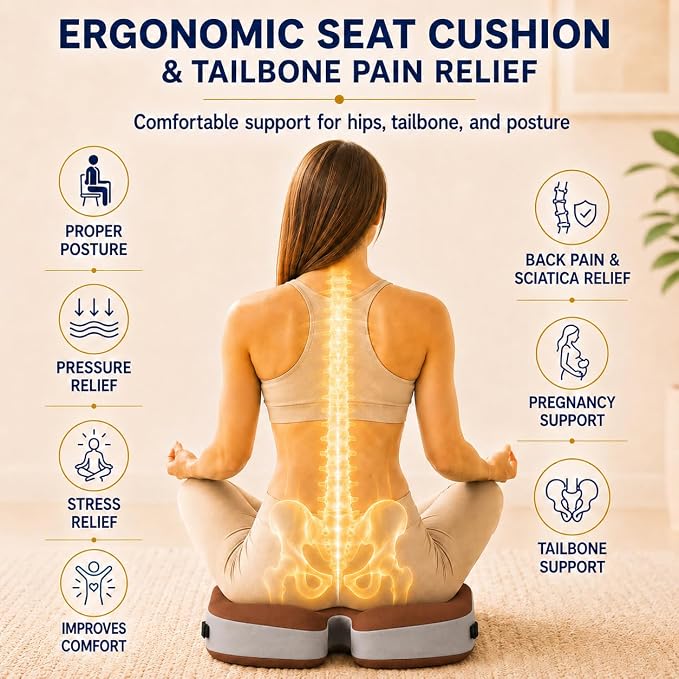 Memory Foam Ergonomic Seat Cushion for Office Chairs Pain Relief | Suitable for prolonged sitting, relieves tailbone pain, fits office chairs, wheelchairs, car seats and computer desk chairs