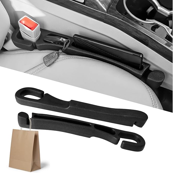 Car Seat Gap Filler with Organizer Hook, 2-Pack Car Seat Gap Plug | Fills Gap Between Seat & Console Prevent Small Items & Tools from Falling Seat Side Gap Fits Cars, SUVs, Trucks & Sedans