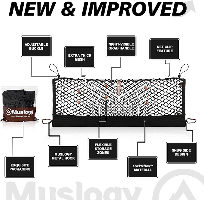 Muslogy Truck Bed Cargo Net Trunk Netting Compatible with 2022-2025 2026 Hyundai Tucson Accessories, Pickup Cargo Organizer SUV Sedan Storage Net w/Heavy Duty Carabiners