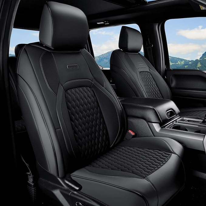 Coverado Custom Fit Front Seat Covers for Chevy Silverado/GMC Sierra 2007-2025 1500, 2015-2025 2500HD 3500HD Crew/Double/Extended Cab – Faux Waterproof Leather (Black)