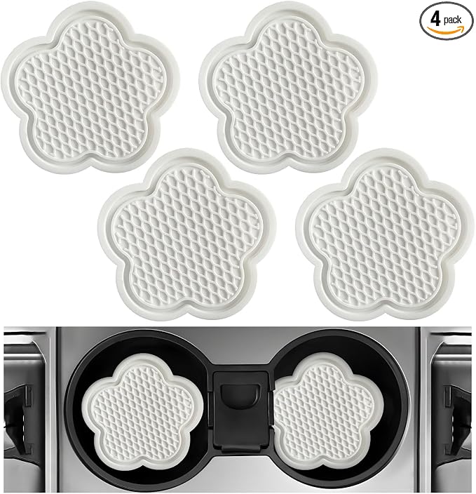 DXNQ 4 PCS Car Cup Coasters, Cute Flower Shaped Car Cup Holder Mat, PVC Waterproof Anti Slip Vehicle Cup Holder Insert Coaster, Universal Car Interior Decor Accessories (White)