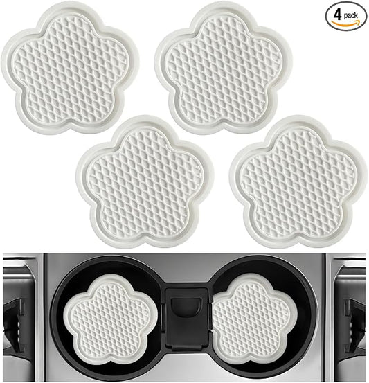 DXNQ 4 PCS Car Cup Coasters, Cute Flower Shaped Car Cup Holder Mat, PVC Waterproof Anti Slip Vehicle Cup Holder Insert Coaster, Universal Car Interior Decor Accessories (White)