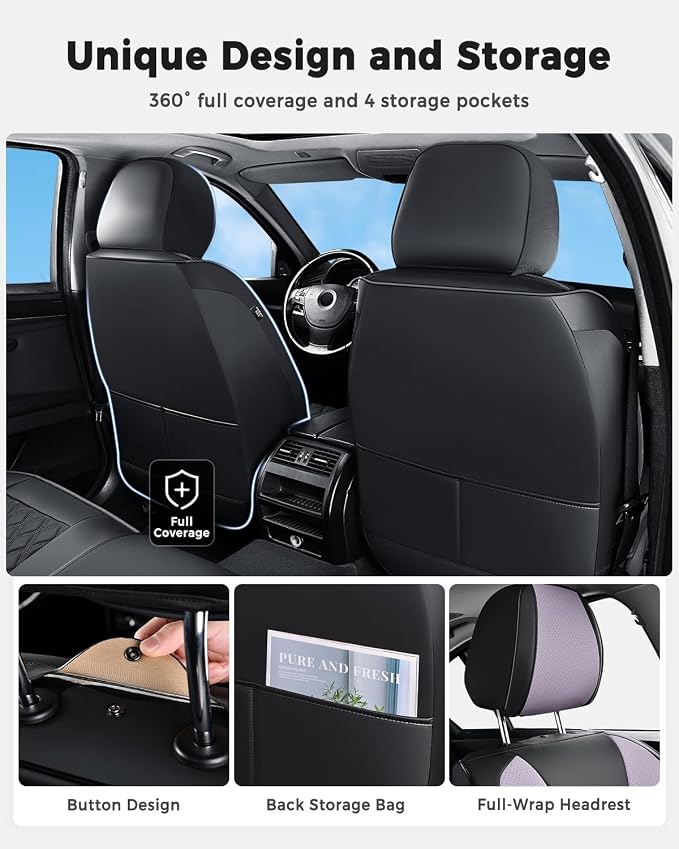 Huidasource Full Set Car Seat Covers, Durable Waterproof Faux Leather, Universal Fit for Most Cars, SUVs & Trucks, Airbag Compatible, Wear Resistant for Commutes & Road Trips, Black & Purple