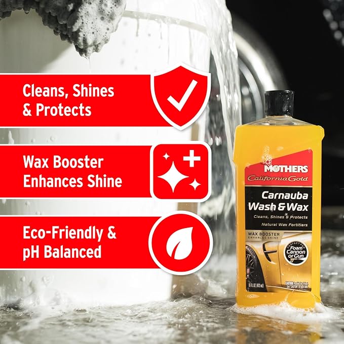Mothers California Gold Carnauba Wash & Wax, 16 oz. (05676) | Cleans, Shines & Protects, Gentle, pH Balanced, Ultra-Sudsy, Spot-Free, Brilliant Finish, Won't Strip Wax or Ceramic