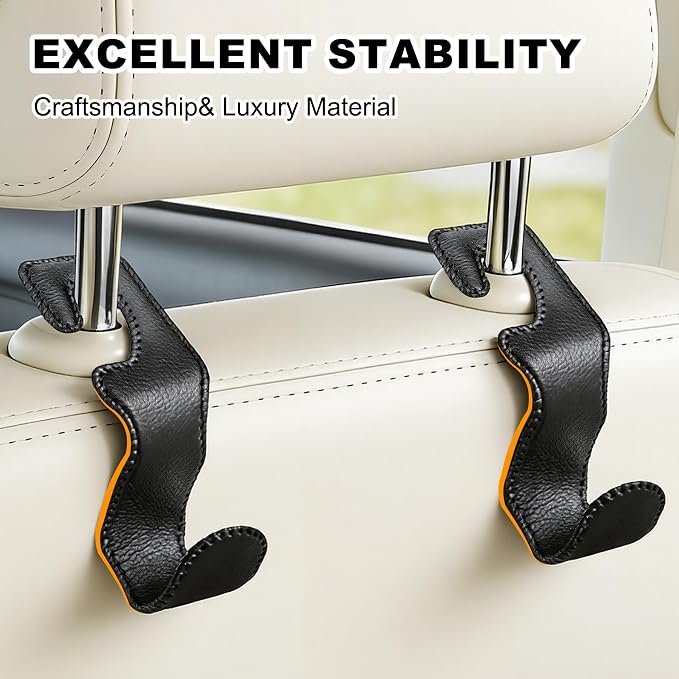 Headrest Hooks for Car, Leather Car Purse Hooks Hanger Holder Hook for Hanging Purses and Bags and Coats, 4Pack Black