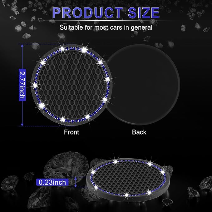JUSTTOP 2 Pack Universal Auto Anti Slip Cup Holder Insert Coaster, Car Cup Holder Coaster, Bling Crystal Rhinestone Car Interior Accessories, Black - Blue