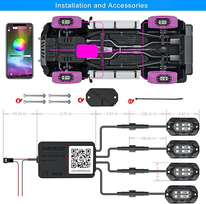 Car LED Rock Lights Kit, 4 Pods Multilcolor Underglow Neon Lights | RGB Rock Light High Bright with APP & Music Mode, IP68 Waterproof for Trucks, Cars Decorative Accessories