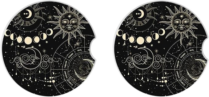 Absorbent Car Coasters 2 Pack for Cup Holders, 2.56" Ceramic Stone & Non-Scratch Cork Base Drink Coasters(Moon and Sun)