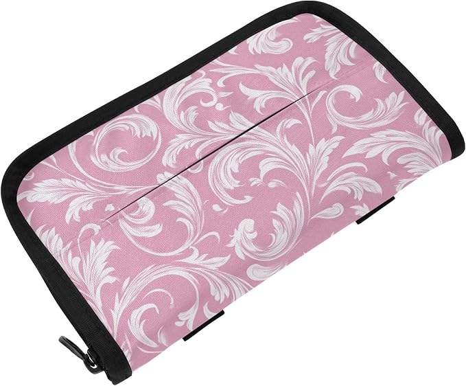 Car Tissue Holder Car Napkin Holder Tissue Box Dispenser Storage Case Sun Visor Mask Holder Accessories with Adjustable Straps Reusable Refillable Pink Damask Swirl