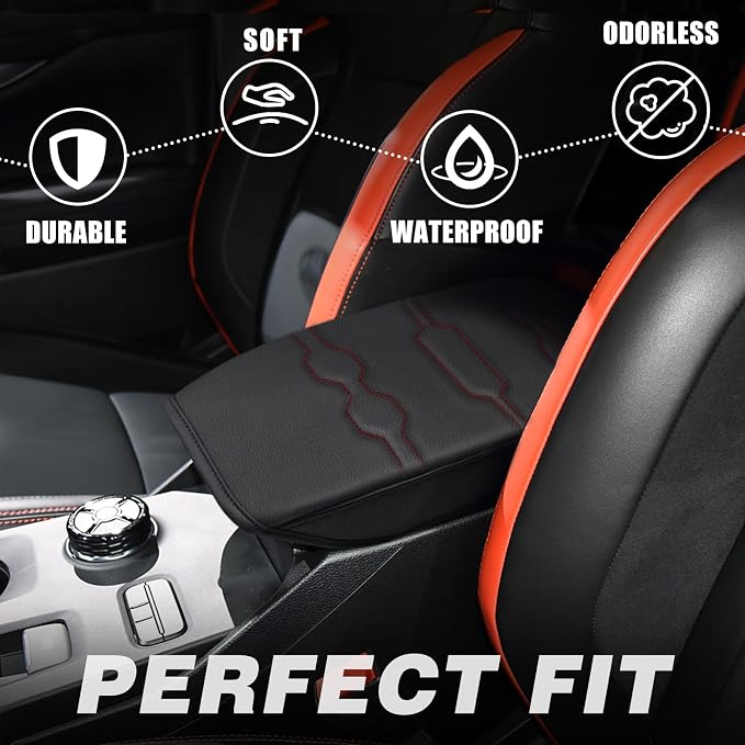 Muslogy Center Console Armrest Cover Fit for Ford Ranger 2024 2025 2026 Accessories, Comfort Armrest Pad Console Lid Cushion Vegan Leather Regular Thick(Black/Orange Trim)