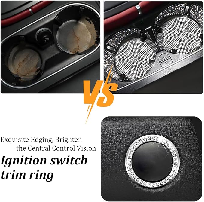 27PCS Bling Car Accessories Set for Women, 14.5-15" Crystal Rhinstone Steering Wheel Cover, License Plate Frame, USB Charger Phone Holder, Girly Auto Interior Decor Set, Universal Fit (White)