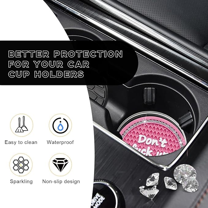 Ohleats Bling Car Cup Coaster, 2.75 Inch Non-Slip Don't Fuck Up My Car Please Cup Holder Insert Coaster, Crystal Rhinestone Auto Drink Cup Mat, Universal Car Accessories (Pink-4PCS)
