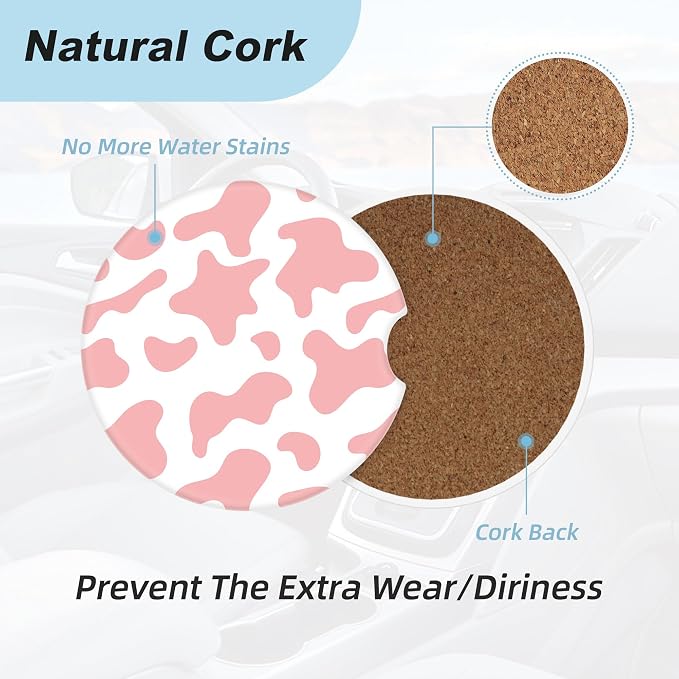 Pink White Cow Print Car Coasters for Cup Holders,2 Pack Car Cup Holder Coasters for Car,Ceramic Absorbent Car Coaster with A Finger Notch and Cork Base,Car Interior Accessories for Women Men