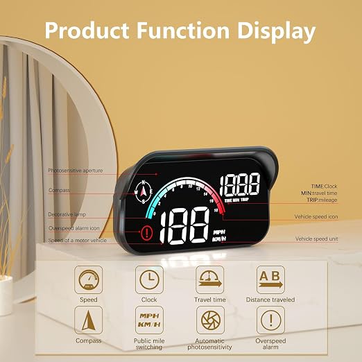 AZIJYV Windshield Speedometer Projector, Digital Speedometer for Car GPS Speedometer with Speed, Overspeed, Heads Up Display for Cars Suitable for All Vehicles