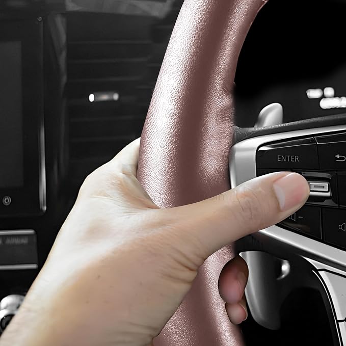Genuine Leather Steering Wheel Cover, 15 Inch Stitch on Wheel Wrap with Needles & Threads, Breathable Steering Wheel Protector DIY Sewing Wrap for Car Truck SUV (Coffee, Glossy)