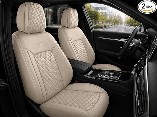 Beige Thick Nappa Leather Automotive Front Car Seat Covers Set of 2 | Univerasal Precision Fit,3D Contoured,Full Coverage,Waterproof,ThickTexture Nappa Leather,for most Suvs Trucks Sedans
