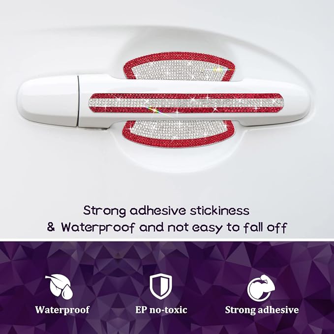 10PCS Car Door Handle Bling Rhinestones Stickers, Red & Sliver | Universal Auto Door Handle Safety Reflective Strips, Super Shine, High Light Bling Car Decoration