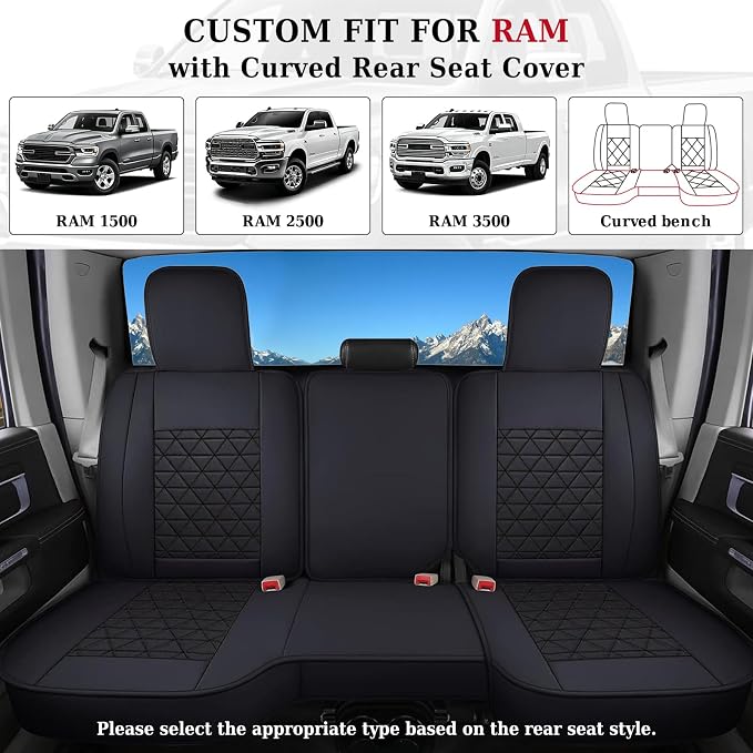 Coverado Ram Seat Covers Full Set, Waterproof Ram 1500 Seat Cover Compatible with 2002-2026 Dodge RAM 1500 2500 3500 Crew Quad Cab with Curved Bench, Black