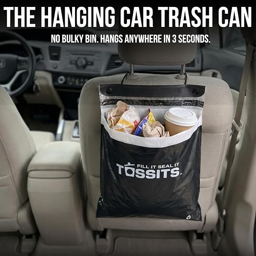 Tossits Recycled Disposable Car Trash Bags – Leakproof, Smell Proof Hanging Garbage Bags for Car, Truck, SUV, RV & Vehicle – Black, 21 Count Disposable Automotive Trash Bags