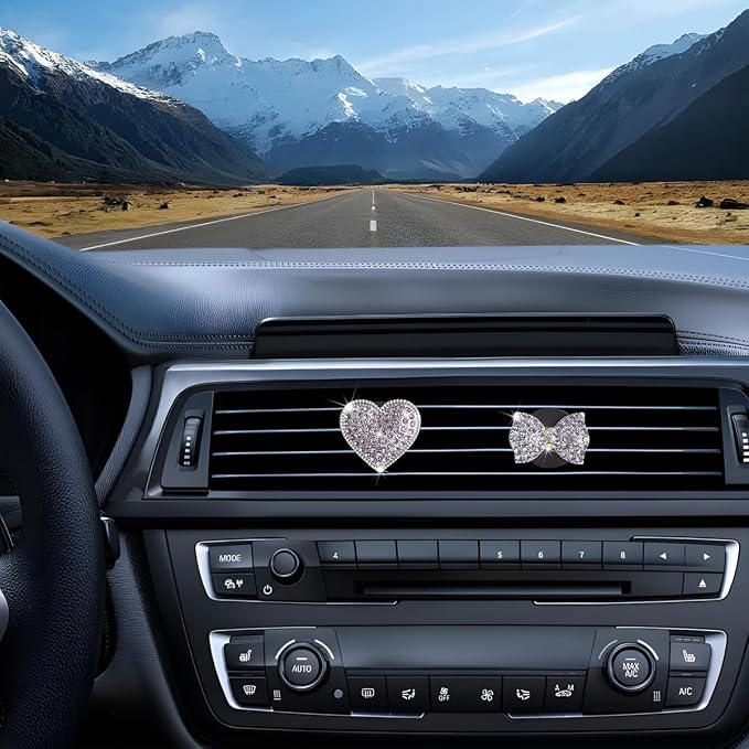 Bling Car Air Vent Clip, 2PCS Crystal Rhinestone Diamond Automotive Heart Shape Clip Charm, Cute Sparkling Vehicle Interior Decoration Accessories, Universal for SUV Sedan Trucks (Purple)
