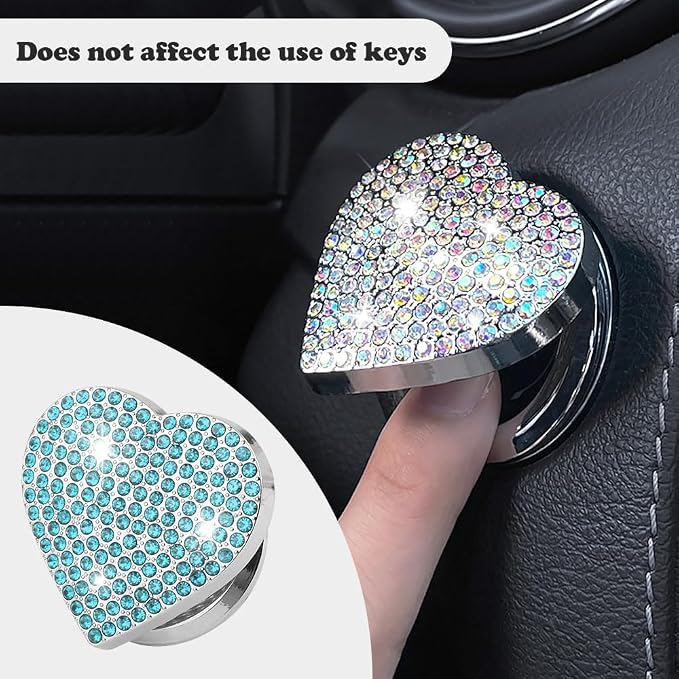 Bling Push Start Button Cover with Rhinestone,Heart Push to Start Button Cover for Car Decor,Diamond Engine Start Buttons Cover Car Accessories Interior for Women & Girl (Blue)