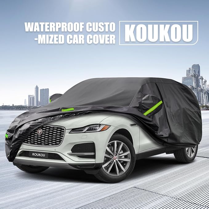 KouKou Waterproof SUV Car Cover Suitable for Jaguar F-PACE from 2015 to 2025, 7 Layers Windproof All Weather Waterproof Outdoor Cover Sun Rain UV Dust Snow Protection. Black