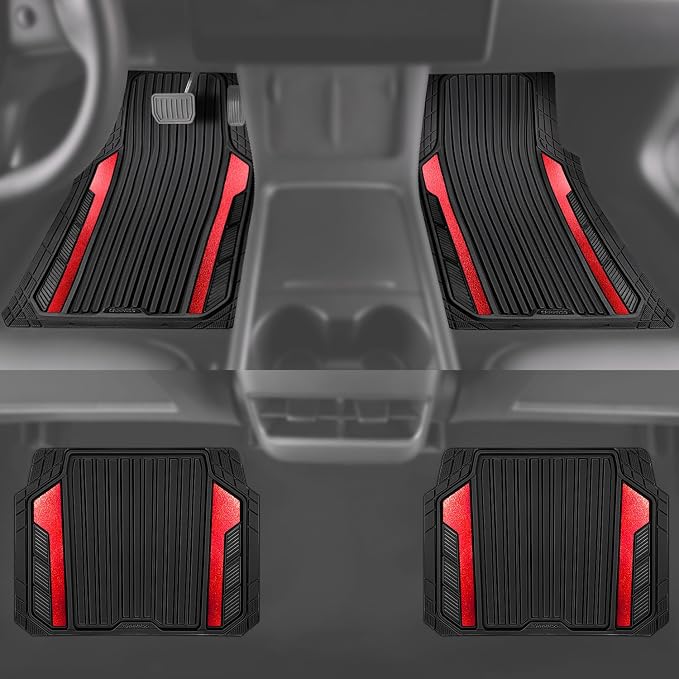 CAR PASS Heavy Duty Rubber Car Mats Metallic, Aluminum Film All Weather Floor Mats Waterproof Universal Trim to Fit Automotive SUV Sedan Van 4 Piece Anodized Deep Dish Two-Tone Sporty Black Red Chrome