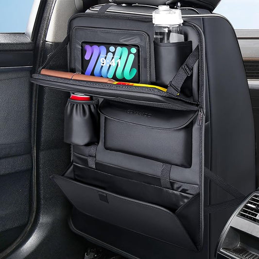 Coverado Backseat Car Organizer, Nappa Leather Car Seat Organizer with Touch Screen Tablet Holder, Foldable Food Tray, Kick Mats Protector, Multi Car Storage Accessories, Garbage Bag Holder-1 Pack