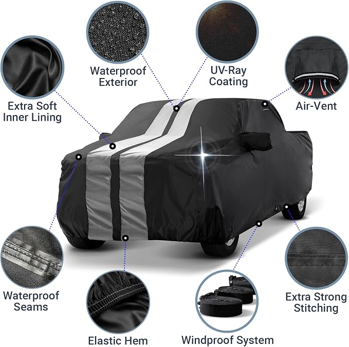 iCarCover Premium Plus Truck Cover Waterproof All Weather Rain Snow UV Sun Protection, Ram 2500 3500, Silverado 2500HD 3500HD, Sierra 2500 3500, Size T75 (See Size Chart) Stripe - Black/Gray