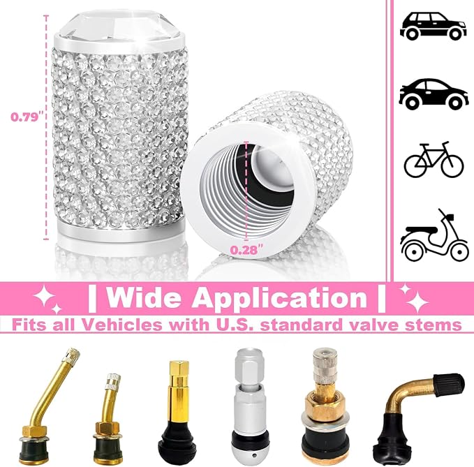 BFXM 4Pcs Car Tire Valve Stem Caps, Bling Tire Air Cap for Car, Car Accessories for Women Universal Stem Covers, Anodized Aluminum Tires Valve Cap with O Rubber Ring, Crystal Diamond