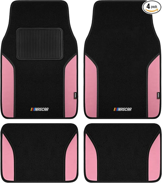 NASCAR Car Floor Mats, Carpet & Pink Leather Design Car Mats, Universal-Fit All-Weather Car Floor Mats with Built-in Heel Pad & Anti-Slip Backing, Durable Odorless Automotive Interior Accessories