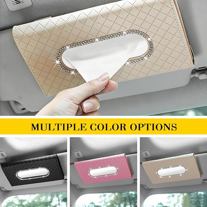 Bling Car Visor Tissue Holder, Crystal Rhinestones Vehicle Sun Visor Hanging Napkin Organizer Case with Ergonomic Take Out Port, Automotive Interior Tissue Dispenser, Universal Fit (Pink)
