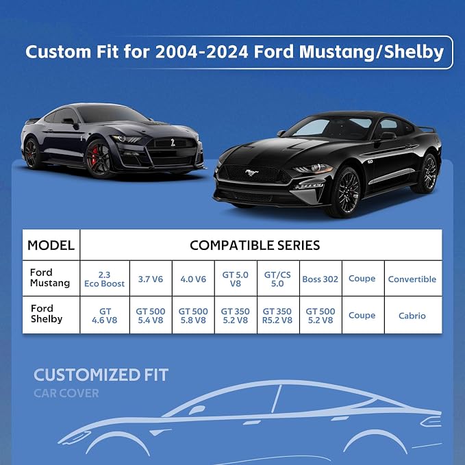10 Layers Car Cover Custom fit for Ford Mustang/Shelby (1964-2024) Waterproof All Weather for Automobiles, Outdoor Full Cover Rain Sun UV Protection.Silver