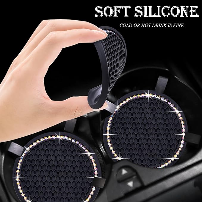 2PCS Bling Cup Holder Coaster, 2.75 Inch Auto Car Cup Holder Insert Coasters, Soft Silicone Anti-Slip Shockproof, Universal Vehicle Interior Accessories for Women Girls (Black & Colorful)