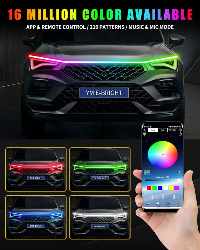 YM E-Bright Car Led Lights Exterior RGB Hood Light Strip Waterproof Multicolor Dynamic Scan Start Up Hoodbeam Kit with Turn Signal Indicator Function for Cars, Truck, SUV, APP Control, 12V 70inch