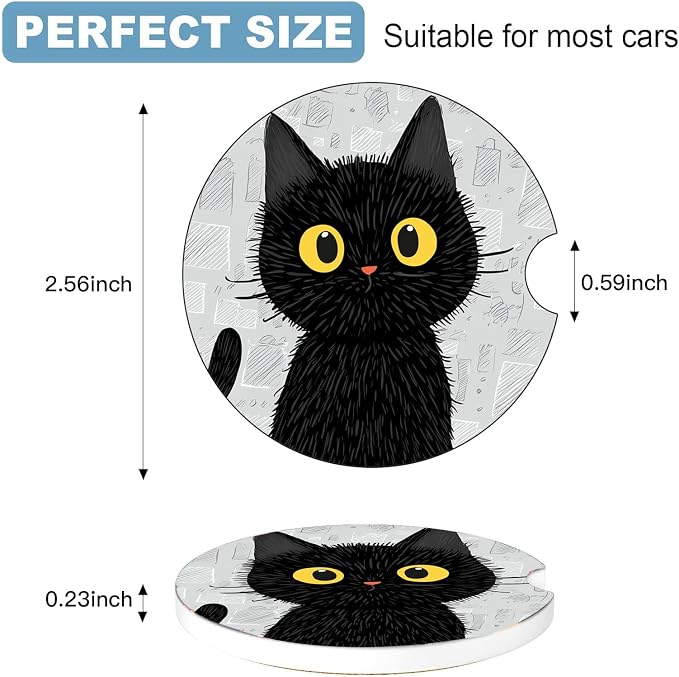 Car Cup Holder Coaster Set of 2, 2.56 in Ceramic Coasters, Scratch-Resistant Cork Backing, Finger Groove Design for Easy Placement, Cute Car Accessories Interior for Women (Black Cat)