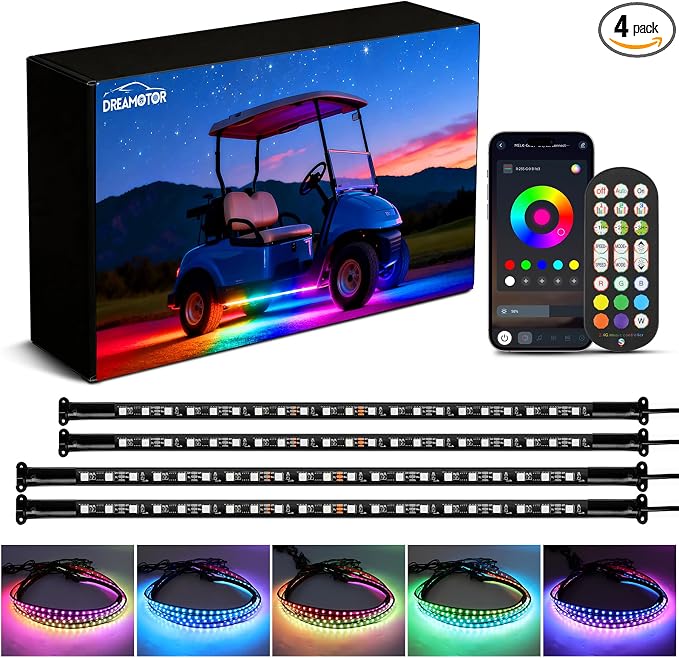 DREAMOTOR 4PCS Golf Cart Underglow LED Light Strip Dream Color Neon Accent Lighting Kit APP/Remote Control Sound Active Music Sync Waterproof 12V-65V Input Compatible with EZGO Yamaha Club Car