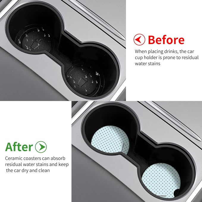 Cute Fashion Polka Dot Car Coasters 2 Pack for Cup Holders, 2.56 Inch Finger Notch Retro 70's Style Ceramics Heat Resistant Anti Slip Cork Base Car Drinks Coasters Auto Accessories-Blue