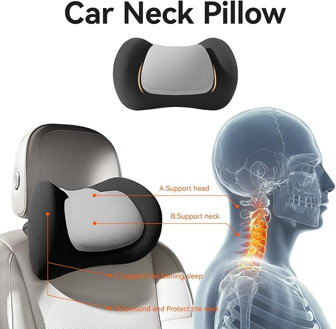 BABUR 100% Memory Foam Neck Pillow, Ergonomic Headrest for Car Seat | Driver Neck Pain Relief, Adjustable Buckle, Universal Car, Office Chair, Soft Breathable, Removable Cover, Machine Washable