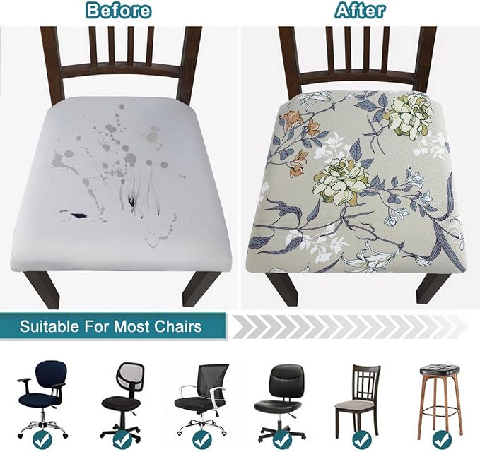 SearchI Seat Covers for Dining Room Chairs Stretch Printed Chair Seat Covers Set of 4, Removable Washable Upholstered Chair Seat Protector Cushion Slipcovers for Kitchen, Office(Green Flower)