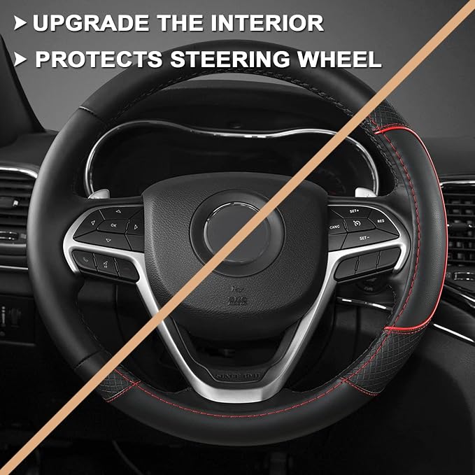 GIANT PANDA Steering Wheel Cover for Jeep Wrangler, Car Steering Wheel Cover for Jeep Grand Cherokee and Cherokee - Black+Red Trim