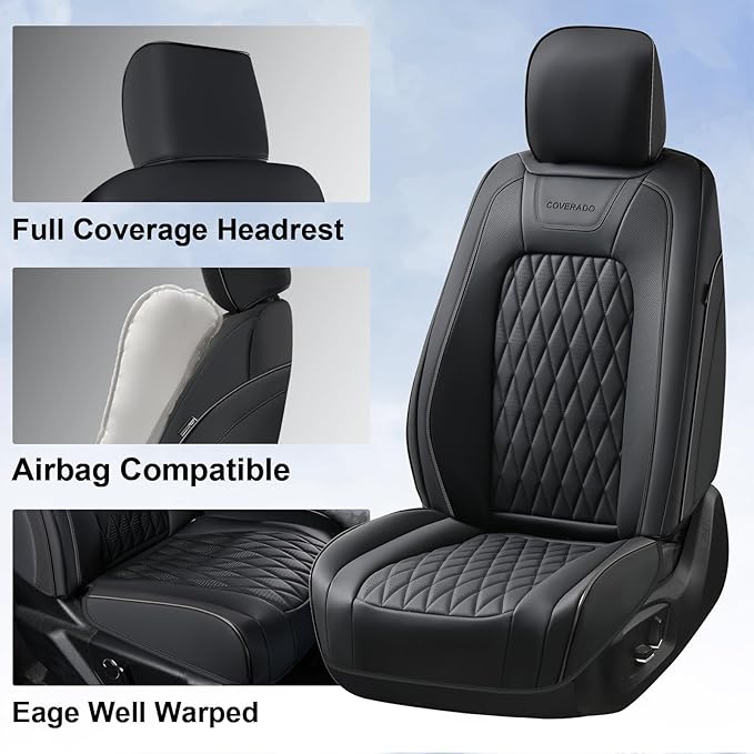 Coverado Leather Seat Cover, Custom Fit for Ford F150 Seat Covers, Ford F150 Truck Seat Covers Waterproof Fit for 2015-2026 F150 & 2017-2025 F250 F350 F450 Black - Front Pair