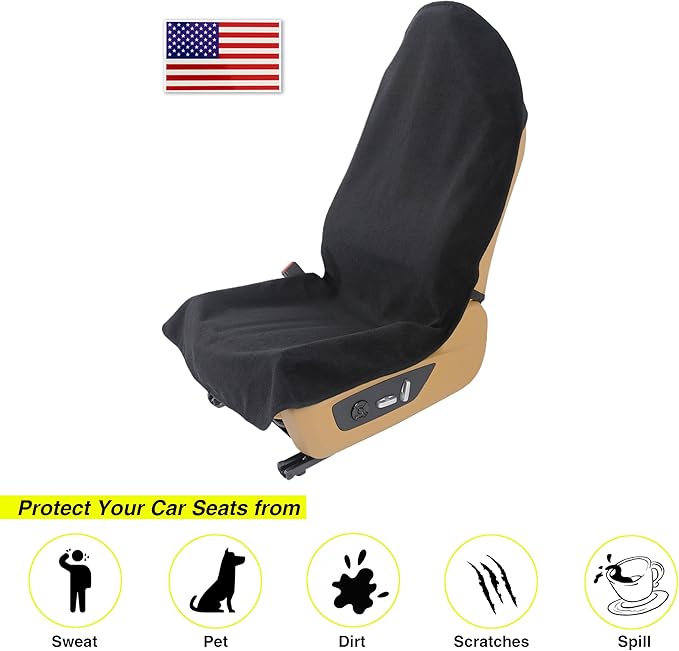 VSHIELD Waterproof Towel Car Seat Cover, Sweatproof Non-Slip Seat Protector, Universal Fit for Front Bucket or Rear Bench Seat of Cars, SUVs, Vans, Trucks, Compatible with Airbags and Armrests