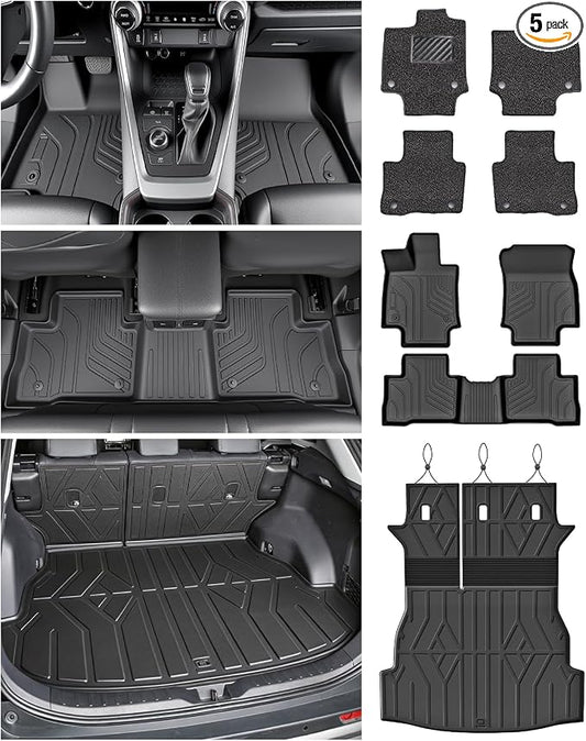 Floor Mats & Cargo Liner Set for Toyota RAV4 2019-2025, Full Coverage Interior Protection with Trunk Mat, Backrest Protector & Door Sill Guards, All Weather TPE Waterproof Anti-Slip Custom Fit